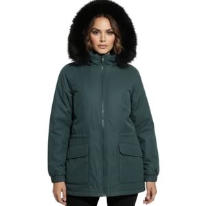 London Fog Fur Lined Hood Jacket Coat Medium Emerald Green Long Vintage